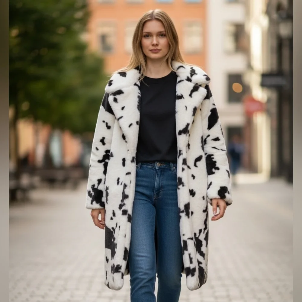 NWT Cow Print Faux Fur Coat Brown White Dalmatian Pattern Fluffy Winter Jacket